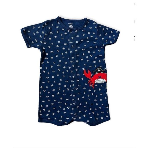 NWT Baby Boys Carters Crab Creeper Playtime Favorites Shortall Romper - Sz 3 mo - Picture 1 of 1
